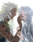  2boys bracelet braid braided_ponytail closed_eyes commentary_request dark-skinned_male dark_skin fate/grand_order fate_(series) gjtthflmaster hair_between_eyes hair_over_shoulder hands_on_another's_arm highres jewelry kiss kissing_hand korean_commentary long_hair long_sleeves looking_at_another male_focus marisbury_animusphere multiple_boys neck_ring profile ring simple_background single_braid solomon_(fate) tattoo upper_body white_background white_hair yaoi yellow_eyes 