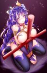  1girl absurdres bdsm blunt_bangs bondage bound braid breasts bridal_gauntlets closed_mouth collar collarbone commentary genshin_impact gigantic_breasts hair_ornament highres huge_breasts long_braid luai mitsudomoe_(shape) mole mole_under_eye multicolored_hair nude on_floor pole puffy_nipples purple_eyes purple_hair purple_thighhighs raiden_shogun restrained shibari single_braid sitting solo streaked_hair thighhighs tomoe_(symbol) wariza 