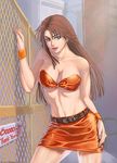  bare_knuckle belt blaze_fielding breasts city cleavage earrings fence jewelry large_breasts long_hair midriff skirt smile solo 