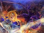  1girl ahoge armor artoria_pendragon_(all) berserker_(fate/zero) blonde_hair dress excalibur fate/zero fate_(series) gauntlets green_eyes hair_ribbon highres long_hair puffy_sleeves purple_hair ribbon saber sword todee translucent weapon 