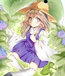  aa44 blonde_hair blush frog green_eyes hair_ribbon hat leaf moriya_suwako ribbon short_hair sitting solo thighhighs touhou white_legwear 