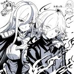  1boy 1girl armor bodysuit breasts cape chibi chibi_inset commentary facial_mark fire hand_on_another's_shoulder heterochromia highres long_hair medium_breasts medium_hair mero_(merope_hika) monochrome multicolored_hair school_uniform shion_(hundred_line) shoulder_armor sketch_inset smile streaked_hair the_hundred_line_-last_defense_academy- translated v'ehxness 