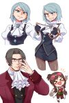  >_< 1boy 2girls absurdres ace_attorney adjusting_eyewear ascot black_gloves black_hair blue_eyes blue_hair blush_stickers bow bowtie breasts brown_hair brown_pants brown_pantyhose clenched_teeth coat commentary earrings ema_skye evil_smile eyewear_on_head franziska_von_karma frown galois glasses gloves highres holding holding_whip jewelry juliet_sleeves long_sleeves medium_breasts medium_hair miles_edgeworth miniskirt multiple_girls pants pantyhose pencil ponytail puffy_sleeves red-tinted_eyewear red_coat short_ponytail skirt smile sunglasses teeth tinted_eyewear triangle_mouth v white_ascot white_bow white_bowtie white_coat 