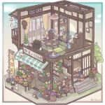  3boys 3girls :d ahoge animal apple bear bird blonde_hair blunt_bangs border bowl carrot cash_register cat chigu chili_pepper closed_eyes closed_mouth clothed_animal commentary_request curtains dog dress electric_fan floorplan food fruit green_hair grey_hair head_wings highres melon multiple_boys multiple_girls open_mouth original outside_border peach pear pillow plant potted_plant rabbit red_dress shopping_cart short_hair short_sleeves sitting smile spring_onion stairs standing television twitter_username watermelon white_border window wings 