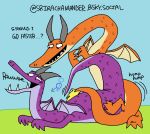 dialogue dragon duo english_text feral gender_symbol genitals hi_res horn humping looking_pleasured male male/male male_symbol male_symbol_penetrating male_symbol_penetration mythological_creature mythological_scalie mythology orange_body penis purple_body rawr scalie sex srirachamander symbol text wings