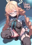  1girl blue_archive braid breasts commentary covered_nipples glasses gloves halo highres large_breasts leotard long_hair looking_at_viewer puddinghomhom shimiko_(blue_archive) shimiko_(magical)_(blue_archive) solo squatting thighhighs twin_braids 
