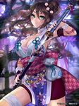  arm_guards armband bandages bike_shorts breasts brown_hair cleavage floral_print green_eyes hair_bun hair_ornament inaba_ittetsu_(sengoku_saga) japanese_clothes katana large_breasts lips obi official_art pisuke pouch sash sengoku_saga sheath short_hair sidelocks solo sword tree unsheathing weapon 