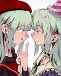  12thfog 2girls bang_dream! bang_dream!_it's_mygo!!!!! beret black_choker choker confetti dual_persona eye_contact food food_on_face frilled_choker frills green_hair hat highres licking_lips long_hair looking_at_another mortis_(bang_dream!) mortis_(costume)_(bang_dream!) mortis_(persona)_(bang_dream!) multiple_girls party_hat red_hat simple_background tongue tongue_out wakaba_mutsumi white_background yellow_eyes 