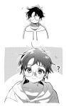  1girl ? border closed_mouth commentary dandadan dot_mouth genderswap genderswap_(mtf) glasses greyscale highres hood hood_down hoodie looking_at_viewer monochrome mrmgn_le round_eyewear screentones short_hair smile solo symbol-only_commentary takakura_ken_(dandadan) upper_body white_background white_border white_hoodie 