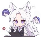  ... 3girls acheron_(honkai:_star_rail) animal_ear_fluff animal_ears black_gloves black_swan_(honkai:_star_rail) breasts chibi chibi_only closed_mouth commentary drawing_tablet english_commentary fox_ears fox_girl fox_tail gloves highres holding holding_pen honkai:_star_rail honkai_(series) iris_(samlatte) light_blush long_hair looking_at_viewer medium_breasts multiple_girls necktie original parted_bangs pen purple_eyes purple_necktie samlatte shirt signature smile solo_focus tail tail_wagging white_hair white_shirt 