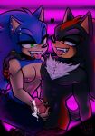 absurd_res anthro areola black_body black_fur bodily_fluids bottomwear clothed clothing cum cum_on_clothing cum_on_pants cum_on_penis cum_string cumshot digital_media_(artwork) duo ear_piercing ejaculation erection eulipotyphlan eye_contact eyebrow_piercing facial_piercing fangs fur genital_fluids genitals ggs_busyrn hand_on_penis handjob hedgehog hi_res humanoid_genitalia humanoid_penis looking_at_another male male/male mammal nipple_piercing nipples orgasm pants pecs penile penis piercing sega sex shadow_the_hedgehog smile sonic_the_hedgehog sonic_the_hedgehog_(series) tail teeth tongue tongue_out tongue_piercing topless topless_anthro topless_male