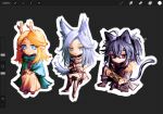  1boy 2girls :/ alternate_costume animal_ears antlers armor art_program_in_frame black_hair black_robe black_tunic blonde_hair blue_cloak blue_eyes cassie_(shadow_slave) cat_ears cat_tail chibi chibi_only cloak crossed_arms crossed_bangs crossed_legs dog_ears dog_tail dress full_body fur_collar grey_eyes hair_between_eyes highres holding holding_string hood hood_down horns kemonomimi_mode knee_up long_hair long_sidelocks multiple_girls nephis_(shadow_slave) purple_eyes robe screenshot shadow_slave sidelocks sitting smile string sunny_(shadow_slave) tail tunic unamused weaving white_hair xiezmy2 yellow_dress 
