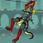 action_pose action_scene anthro bandanna_on_head bridge clenched_teeth cool. crocodile crocodilian gun half_naked hi_res pose ranged_weapon reptile scalie shooting solo tactical tasla_venhyle teeth weapon zipline