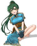  barefoot belt black_gloves blue_dress blush breasts brown_belt china_dress chinese_clothes commentary_request dress earrings fingerless_gloves fire_emblem fire_emblem:_the_blazing_blade gloves gold_trim green_eyes green_hair highres jewelry long_hair looking_at_viewer lyn_(fire_emblem) medium_breasts own_hands_together pelvic_curtain ponytail sash shadow short_sleeves simple_background sitting smile vankin very_long_hair white_background 
