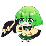  1girl :3 absurdres black_hat black_shoes blush_stickers bow bright_pupils buttons chibi chibi_only closed_mouth collared_shirt commentary_request contrast_collar diamond_button frilled_shirt_collar frilled_sleeves frills full_body green_eyes green_hair green_skirt hair_between_eyes hat hat_bow highres holding holding_unworn_clothes holding_unworn_hat komeiji_koishi long_sleeves shirt shoes short_hair simple_background skirt sleeves_past_fingers sleeves_past_wrists solo standing third_eye touhou unworn_hat unworn_headwear white_background white_pupils yellow_bow yellow_shirt you_(noanoamoemoe) 