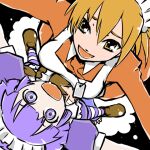  3girls :d apron blonde_hair breasts brown_hair brown_shoes closed_eyes commentary_request crying dog_tags dress from_above futaba_channel girl_sandwich hair_between_eyes hidoi imuhata_shimuro kudoi long_sleeves lowres maid maid_apron maid_headdress medium_breasts multiple_girls nijiura_maids open_mouth pantyhose purple_dress purple_eyes purple_hair red_dress ringed_eyes sandwiched shoes short_hair short_sleeves smile streaming_tears striped_clothes striped_pantyhose tears white_apron yakui yellow_eyes 