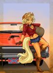  anthro anthrofied applejack_(mlp) belt blonde_hair boots breasts car cleavage clothed clothing cowboy_hat equine farthingale female freckles friendship_is_magic gloves green_eyes gun hair hat horse long_hair mammal my_little_pony navel necktie orange orange_body outside pony pose ranged_weapon revolver shirt shorts smile solo standing teeth weapon 