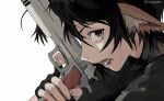  1girl animal_ear_fluff animal_ears black_gloves black_hair black_shirt bluesky_username brown_eyes close-up commentary double-parted_bangs eyeshadow fangs finger_on_trigger fingerless_gloves from_side furrowed_brow gloves grey_eyeshadow gun hair_between_eyes handgun highres holding holding_gun holding_weapon looking_at_viewer looking_to_the_side lower_teeth_only makeup open_mouth original pixie_cut shirt short_hair short_sleeves simple_background solo sweatdrop teeth turtleneck weapon white_background worried yonq98 