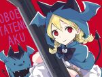  1girl alternate_color animal_ear_hood basket black_bow blonde_hair blue_hood bow braid commentary_request demon_tail doggy_(nyanko_daisensou) elico_nya hair_between_eyes head_wings holding holding_weapon hood hood_up looking_at_viewer low_twin_braids minya_(nyanko_daisensou) nyanko_daisensou red_background red_eyes romaji_commentary romaji_text simple_background smile tail twin_braids weapon wings 