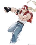  1boy baseball_cap blonde_hair blue_eyes buster_wolf denim fatal_fury fatal_fury_cap fingerless_gloves gloves hat highres jeans long_hair male_focus muscular pants ponytail shirt simple_background smile snk solo terry_bogard the_king_of_fighters torn_clothes torn_sleeves wandzardeen 