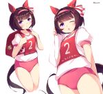  1girl absurdres animal_ears backpack bag bag_charm blunt_bangs blush bow breasts brown_hair buruma charm_(object) commentary_request ear_bow ear_covers ear_flower gym_shirt hair_ornament hairband highres holding holding_towel horse_ears horse_girl horse_tail kanzakietc multiple_views nishino_flower_(umamusume) one_eye_closed open_mouth pink_buruma pink_hairband purple_eyes race_bib randoseru red_bag red_buruma seiun_sky_(umamusume) shirt short_hair small_breasts tail towel umamusume white_shirt wide_sleeves x_hair_ornament 