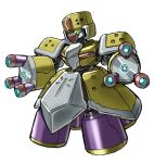  1boy arm_cannon armor character_request commentary_request full_body green-tinted_eyewear helmet highres humanoid_robot medarot mota_saru robot simple_background solo tinted_eyewear weapon white_background yellow_armor yellow_helmet 