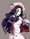  1girl black_hair breasts card dress gloves grey_background hair_ornament hat hilda_rhambling long_hair open_mouth purple_eyes tales_of_(series) tales_of_rebirth 