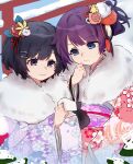  2girls absurdres black_hair blue_eyes closed_mouth commentary_request cowboy_shot day floral_print floral_print_kimono flower folded_ponytail fur_collar hair_flower hair_ornament hairclip hand_up hanekawa_tsubasa highres japanese_clothes kimono monogatari_(series) multiple_girls obi obijime outdoors pink_kimono print_kimono purple_eyes purple_hair purple_kimono sash senjougahara_hitagi short_hair sketch snow tassel torii tsugumi_(tgm_615486) wide_sleeves 