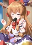  1girl bare_shoulders blue_skirt blush bow bowtie brown_horns chain closed_eyes closed_mouth commentary cowboy_shot ehoumaki food food_in_mouth frilled_wrist_cuffs frills hair_bow hands_up highres horn_ornament horn_ribbon horns ibuki_suika long_hair looking_at_viewer makizushi orange_hair purple_ribbon red_bow red_bowtie ribbon ruu_(tksymkw) shirt skirt sleeveless sleeveless_shirt solo sushi touhou white_shirt wrist_cuffs 