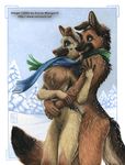  anthro canine couple dog duo female hug kacey kytie male mammal nude scarf smile snow tangent winter 