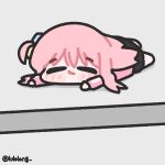  1girl black_skirt bocchi_the_rock! chibi chibi_only closed_eyes closed_mouth facing_viewer full_body gotoh_hitori highres jacket long_hair lulalang lying on_stomach one_side_up pink_hair pink_jacket skirt solo twitter_username white_background 