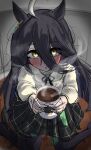  1girl absurdres ahoge animal_ears animal_print black_hair black_pantyhose black_ribbon black_skirt blunt_ends blush cat_print coffee cup ear_ornament ear_tag earrings fisheye hair_between_eyes hands_up highres holding holding_cup horse_ears horse_girl incoming_drink jewelry long_bangs long_hair long_hair_between_eyes long_sleeves looking_at_viewer makiiichi manhattan_cafe_(umamusume) mug multicolored_hair neck_ribbon pantyhose parted_lips plaid_clothes plaid_skirt pleated_skirt ribbon shirt single_earring sketch skirt solo steam steaming_cup umamusume very_long_hair white_hair yellow_eyes yellow_shirt 