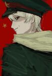  1boy axis_powers_hetalia closed_mouth commentary diver_down0404 empty_eyes from_behind green_hat green_jacket hair_between_eyes hat hat_ornament highres jacket long_sleeves looking_at_viewer looking_back male_focus military military_hat military_jacket military_uniform peaked_cap red_background russia_(hetalia) scarf shaded_face short_hair simple_background smile solo soviet soviet_army star_(symbol) star_hat_ornament symbol-only_commentary upper_body white_hair white_scarf 
