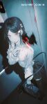  1girl bag black_bag black_hair black_skirt black_thighhighs blood blood_on_clothes blood_on_mouth breasts commentary dated demon_girl demon_tail demon_wings elevator english_commentary fov_ps hair_ornament hair_ribbon hairclip highres holding holding_bag looking_at_viewer mole mole_under_mouth open_mouth original parted_bangs pleated_skirt red_eyes red_ribbon ribbon school_bag shirt short_hair sidelocks skirt small_breasts solo tail thighhighs vampire white_shirt wings x_hair_ornament 