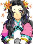  1girl black_hair blush breasts dress flower hilda_rhambling long_hair purple_eyes tales_of_(series) tales_of_rebirth wink 