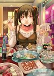  1girl :t bow breasts brown_eyes brown_hair cheese chopsticks coca-cola dress drink eating food ge_xi hair_bow hair_ribbon highres long_hair looking_at_viewer meat original pov pov_eye_contact ribbon rice smile soup twintails vegetable water watermark web_address xiang-zi_shen_(ge_xi) 