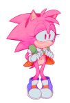  2018 amy_rose anthro blush clothing clothing_lift dress eulipotyphlan eyelashes female footwear gloves hairband hedgehog mammal navel pussy shoes simple_background skirt skirt_lift sodajoik solo sonic_(series) standing young 