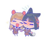  2girls :d ^_^ animal_ears blush braid brown_dress brown_hair center-flap_bangs cheek-to-cheek chibi chibi_only closed_eyes closed_mouth commentary dress fox_ears fox_girl full-face_blush fur_trim hamster_ears hamster_girl hamster_tail hasu_no_sora_school_uniform heads_together highres holding_hands kachimachi_kosuzu kemonomimi_mode link!_like!_love_live! long_hair long_sleeves love_live! medium_dress momose_ginko multiple_girls neckerchief open_mouth pipi_(m1x_mix) sailor_collar sailor_dress school_uniform shout_lines side_braids simple_background smile virtual_youtuber white_background white_sailor_collar winter_uniform yellow_neckerchief yuri 