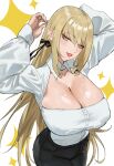  1girl absurdres arm_up blonde_hair breasts collared_shirt commentary dress_suit highres impossible_clothes kiss-shot_acerola-orion_heart-under-blade large_breasts lipstick long_hair makeup monogatari_(series) oshino_shinobu shirt solo symbol-only_commentary tabulagami vampire white_background 