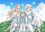  1boy 2girls :d asymmetrical_clothes azura_(fire_emblem) azura_(young)_(fire_emblem) bare_shoulders breasts collarbone commentary_request dress elbow_gloves female_corrin_(adrift)_(fire_emblem) female_corrin_(fire_emblem) fingerless_gloves fire_emblem fire_emblem_fates fire_emblem_heroes gloves grabbing_another's_arm hair_between_eyes happy highres long_hair male_corrin_(adrift)_(fire_emblem) male_corrin_(fire_emblem) medium_breasts multiple_girls official_alternate_costume open_mouth outdoors pointy_ears red_eyes single-shoulder_dress smile touya_(55tohya) veil very_long_hair white_dress 