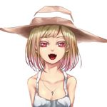  absurdres alternate_hair_length alternate_hairstyle blonde_hair dress eyelashes fangs hat highres jewelry litlicha monogatari_(series) necklace open_mouth oshino_shinobu red_eyes sharp_teeth solo sun_hat teeth 