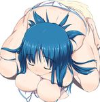  all_fours bikini blue_hair breasts cleavage closed_eyes highres huge_breasts namamo_(kura) original pee peeing polka_dot polka_dot_bikini polka_dot_swimsuit simple_background solo swimsuit 