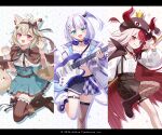  3girls ahoge akubi_demonspade amakami_konomi animal_ear_fluff animal_ears black_bow black_hairband black_hat black_skirt blue_eyes blue_nails blue_skirt blush boots bow brown_boots brown_capelet brown_cloak brown_hair brown_pantyhose brown_thighhighs camisole capelet center_frills claw_pose cloak collarbone commentary_request criss-cross_halter electric_guitar fake_horns fishnet_pantyhose fishnet_thighhighs fishnets frilled_capelet frills grey_eyes grey_hair grey_nails grin guitar hair_bow hair_ornament hairband halterneck hat headphones headphones_around_neck heart heart_ahoge high-waist_skirt high_heel_boots high_heels holding holding_instrument honeycomb_(pattern) honeycomb_background horned_hat horned_headwear horns instrument jacket lace-up_boots letterboxed long_hair long_sleeves million_production momoshiki_tsubaki multicolored_hair multiple_girls nail_polish nonono_nono official_art one_side_up open_clothes open_jacket pantyhose plaid_clothes plaid_skirt pleated_skirt puffy_long_sleeves puffy_sleeves purple_hair purple_skirt red_eyes red_hair shirt single_leg_pantyhose single_thighhigh skirt sleeves_past_wrists smile striped_clothes striped_thighhighs tail thighhighs thighhighs_under_boots two-tone_hair vertical-striped_clothes vertical-striped_thighhighs very_long_hair virtual_youtuber white_camisole white_jacket white_shirt wrist_cuffs x_hair_ornament 