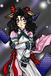  1girl animal_ears black_background black_hair blue_eyes breasts card dress gloves hilda_rhambling horns long_hair pants tales_of_(series) tales_of_rebirth 