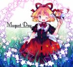  &gt;_&lt; :d ;d amo blonde_hair blue_eyes blush blush_stickers bow closed_eyes curly_hair flower hair_bow hair_ornament lily_of_the_valley medicine_melancholy one_eye_closed open_mouth short_hair skirt skirt_hold smile solo star su-san teeth touhou xd 