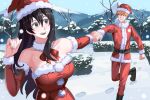  1boy 1girl bambietta_basterbine bare_shoulders black_hair bleach bleach:_sennen_kessen-hen breasts commentary_request deadman70232800 dress footprints grin hair_between_eyes hat kurosaki_ichigo large_breasts long_hair open_mouth orange_eyes orange_hair outdoors pants quincy_(bleach) red_dress red_pants red_sleeves santa_costume santa_dress santa_hat short_hair smile snow snowing 