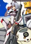  animal_ears beach blue_hair bodysuit boots breasts covered_nipples fang gun highres joy_(joy-max) leg_up looking_at_viewer medium_breasts original red_eyes rifle robot robot_ears short_hair sitting smile sniper_rifle solo tail thigh_boots thighhighs weapon 
