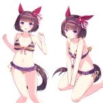  1girl absurdres animal_ears bare_shoulders bikini blunt_bangs blush breasts brown_hair closed_mouth collarbone commentary_request ear_covers hair_ornament hairband highres horse_ears horse_girl horse_tail kanzakietc looking_at_viewer multiple_views navel nishino_flower_(umamusume) open_mouth pink_hairband purple_bikini purple_eyes short_hair simple_background small_breasts smile stomach swimsuit tail umamusume white_background x_hair_ornament yellow_bikini 