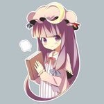  bangs blunt_bangs book crescent grey_background hat holding holding_book long_hair looking_at_viewer oniku_(shimofuri-ke) patchouli_knowledge purple_eyes purple_hair simple_background smile solo touhou upper_body younger 
