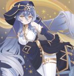  1girl absurdres bare_shoulders black_dress black_gloves blue_hair blue_hood commentary_request cowboy_shot detached_sleeves dress drill_hair drill_sidelocks genshin_impact gloves gold_choker hair_between_eyes highres layla_(genshin_impact) long_hair long_sleeves looking_at_viewer mana_(t5a1il) pantyhose parted_lips puffy_long_sleeves puffy_sleeves short_dress sidelocks sleeveless sleeveless_dress solo sparkle very_long_hair white_pantyhose yellow_background yellow_eyes 
